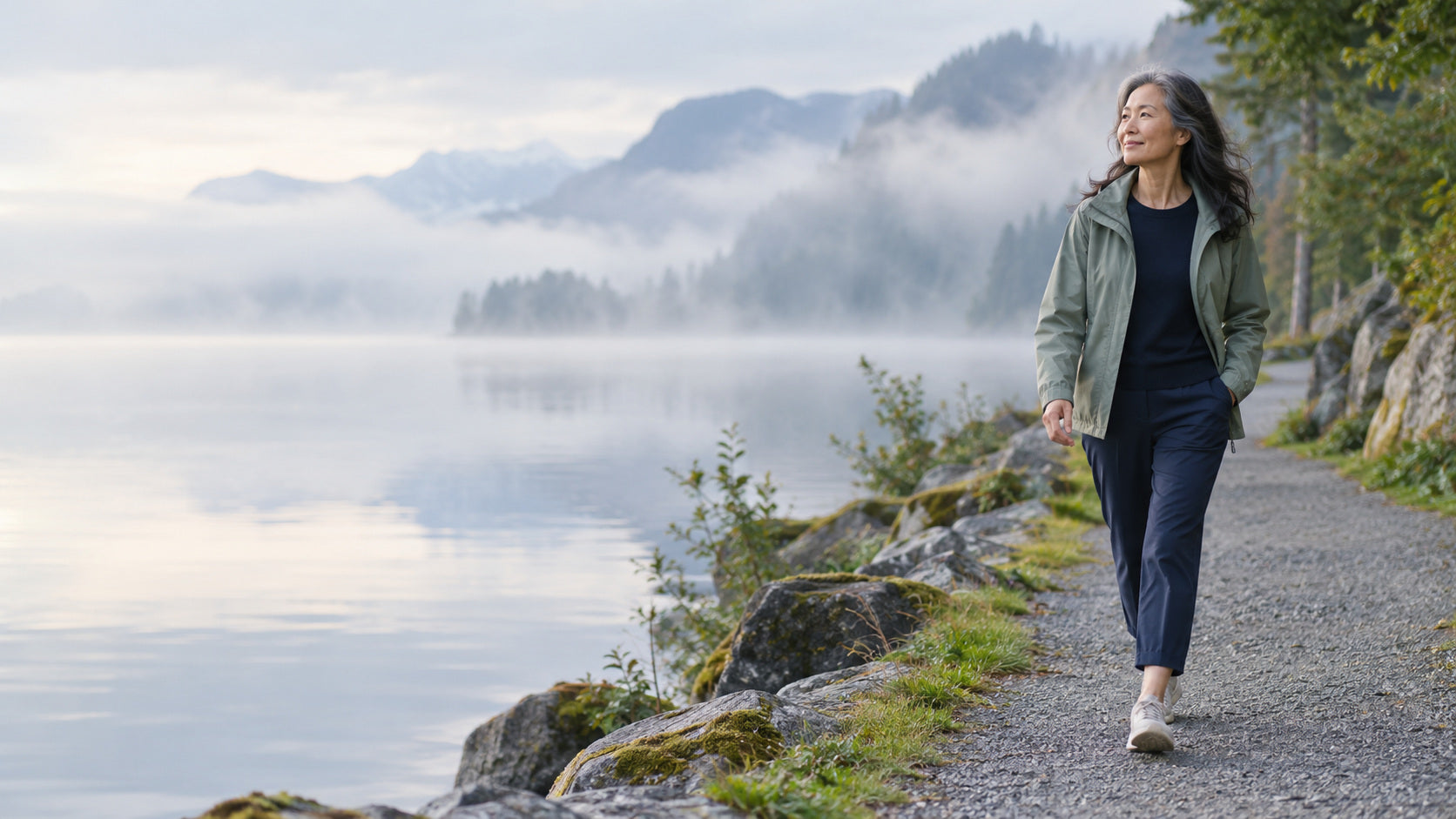 A woman taking a quiet morning walk beside a misty lake