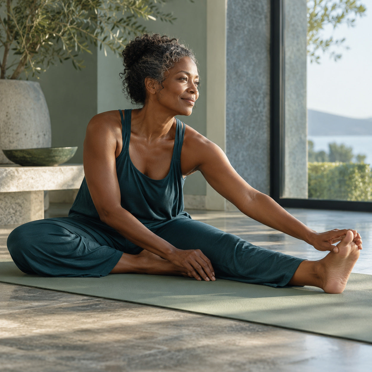 A woman gently stretching on a mat beside a sunlit window