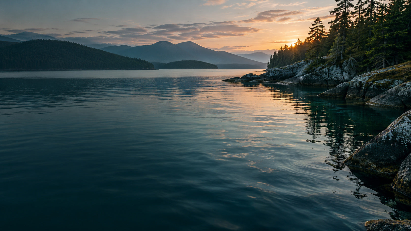 Calm coastal water and a distant forest in soft cool light